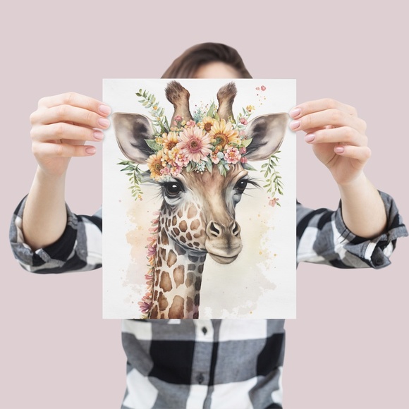 Cute Floral Giraffe Watercolor Wall Art Illustration Print Poster Unframed - Picture 4 of 6
